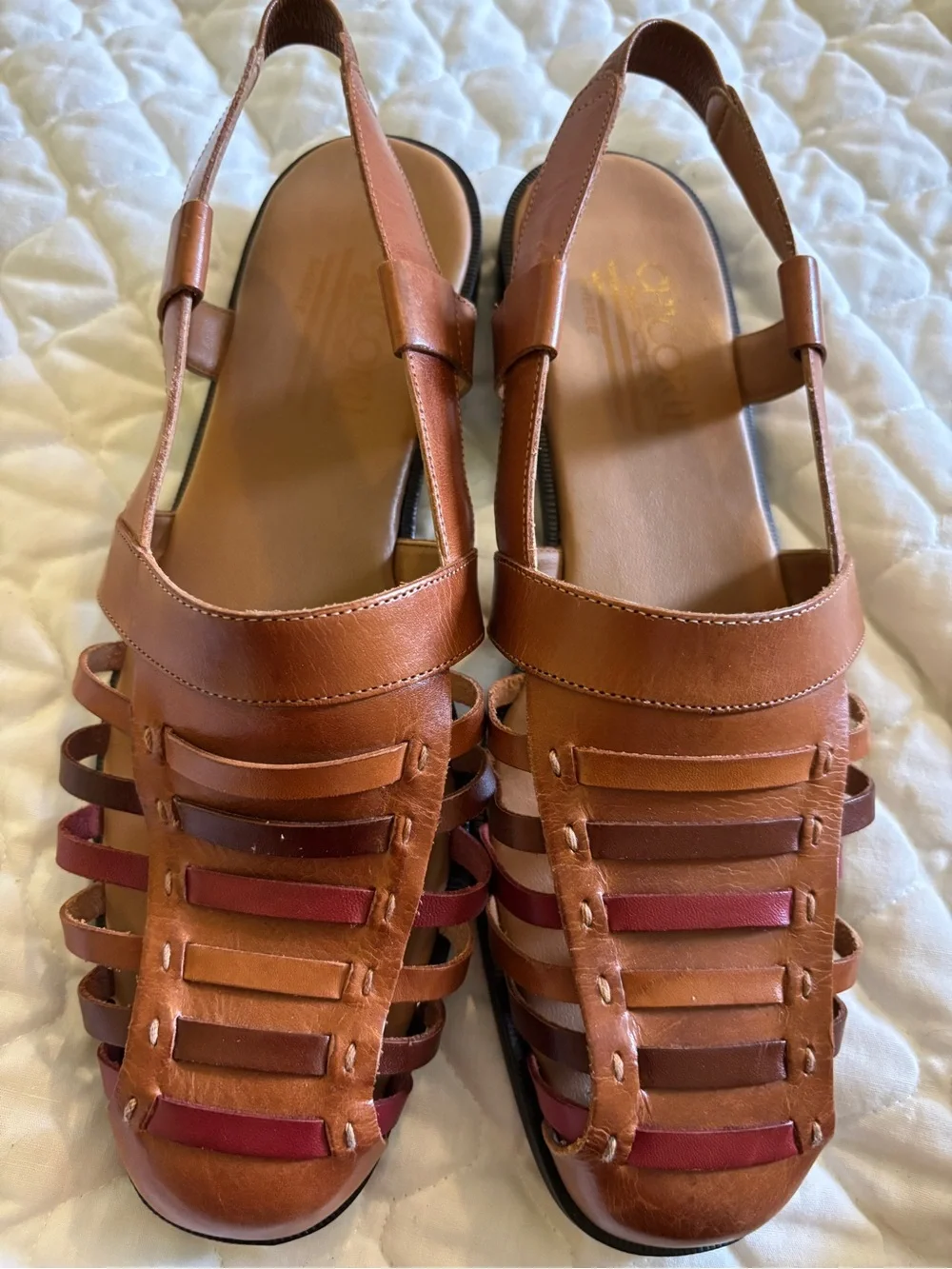 chic Tan and Burgundy Leather Multi-Strap Espadrille Slingbacks